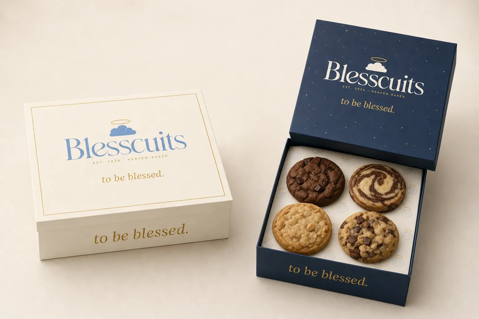 Dos cajas de cartón Blesscuits: una crema de seis cookies y una azul noche abierta con cuatro cookies sobre papel con halos