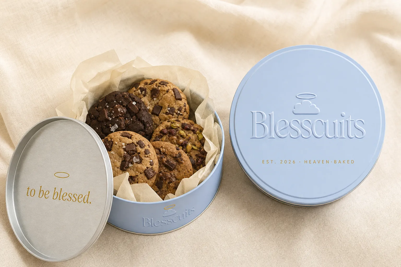 Lata de aluminio Blesscuits abierta con cookies, tapa azul cielo con el logo en relieve y «to be blessed.» por dentro