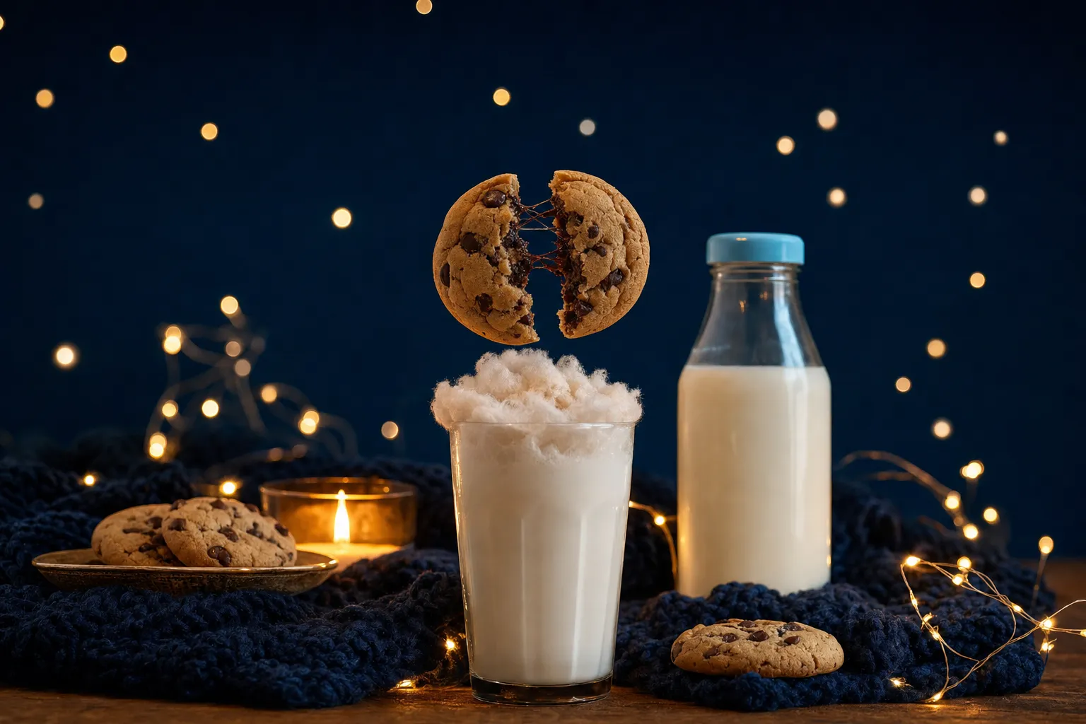 Cookie partida sobre un vaso de leche con nube de algodón, de noche, entre luces doradas