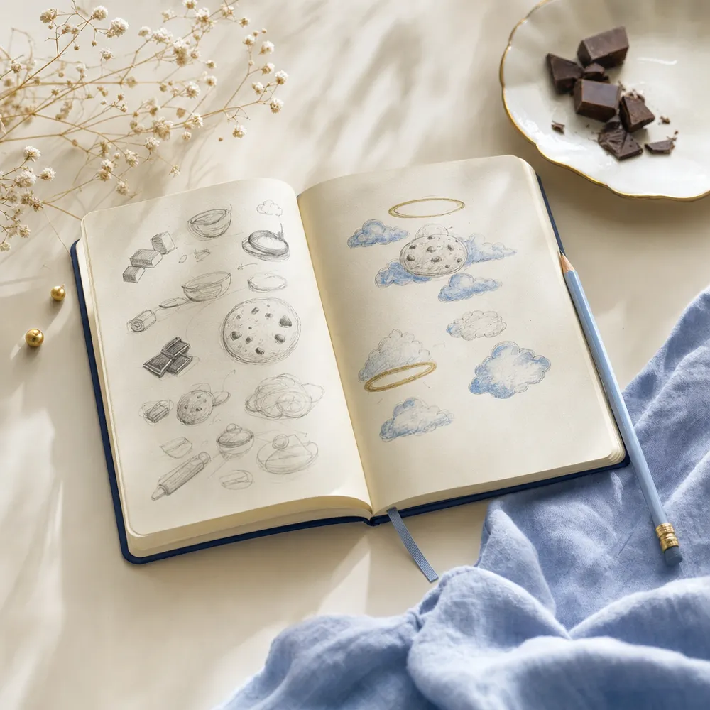 Cuaderno abierto con bocetos de cookies, halos y nubes