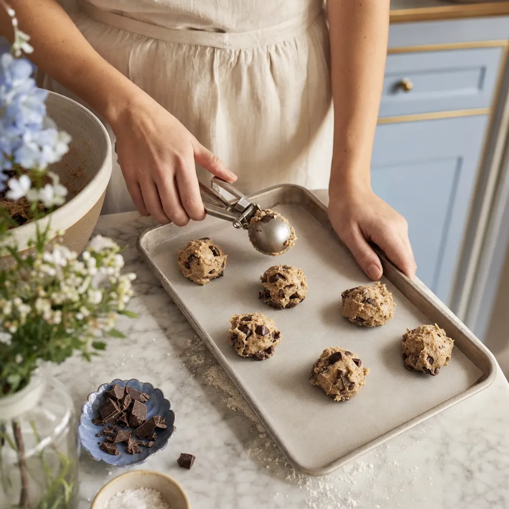 Núria formando bolas de masa de cookie sobre una bandeja
