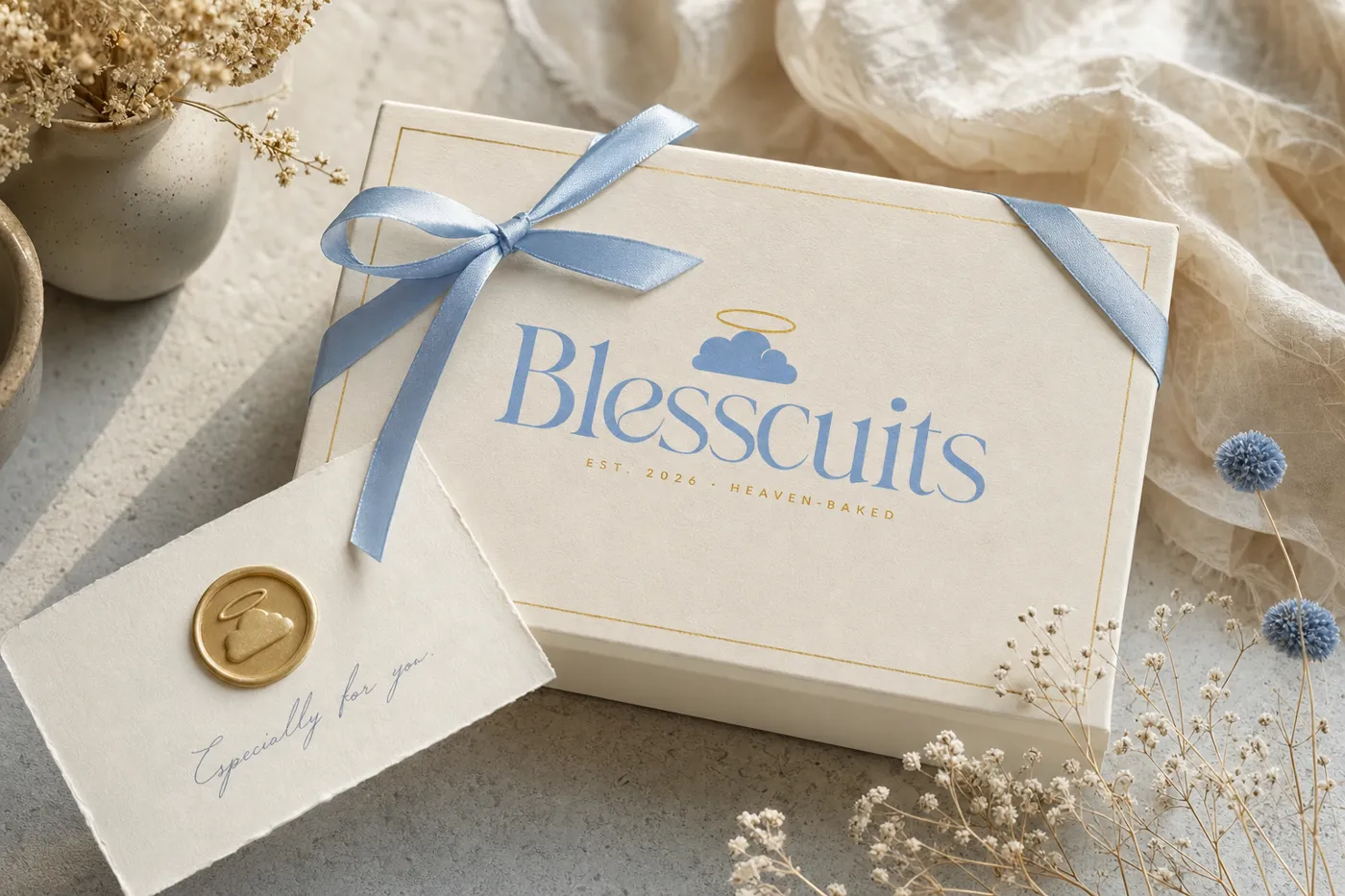 Caja de regalo Blesscuits con lazo azul y tarjeta lacrada