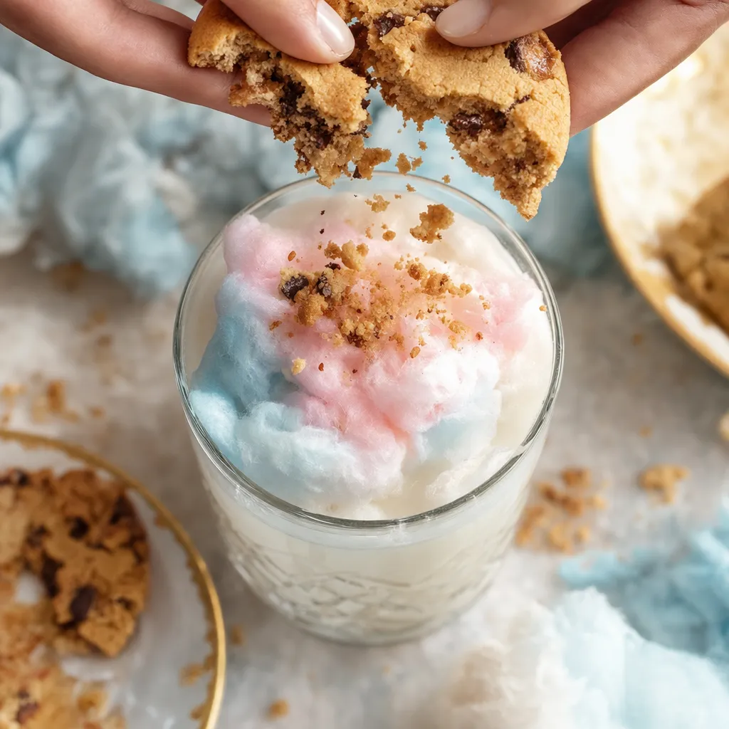 Manos partiendo una cookie sobre un vaso de leche cubierto de algodón de azúcar