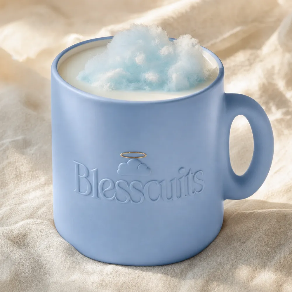 Taza azul cielo con el logo Blesscuits y algodón de azúcar